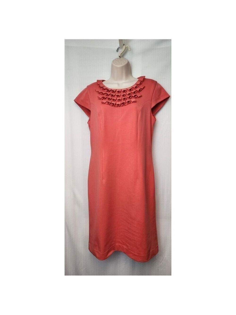 Adrienne Vittadini Ponte Coral Salmon Loop Pleat Neck Sheath Dress Size 10 - Picture 4 of 9